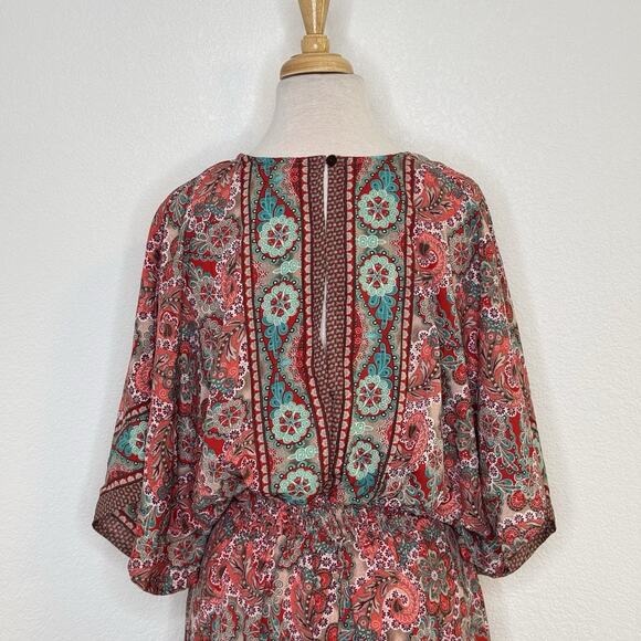 Boeme Womens Paisley Print Maxi Dress Size M Pink Teal Kimono Sleeve Boho Resort - Picture 5 of 13
